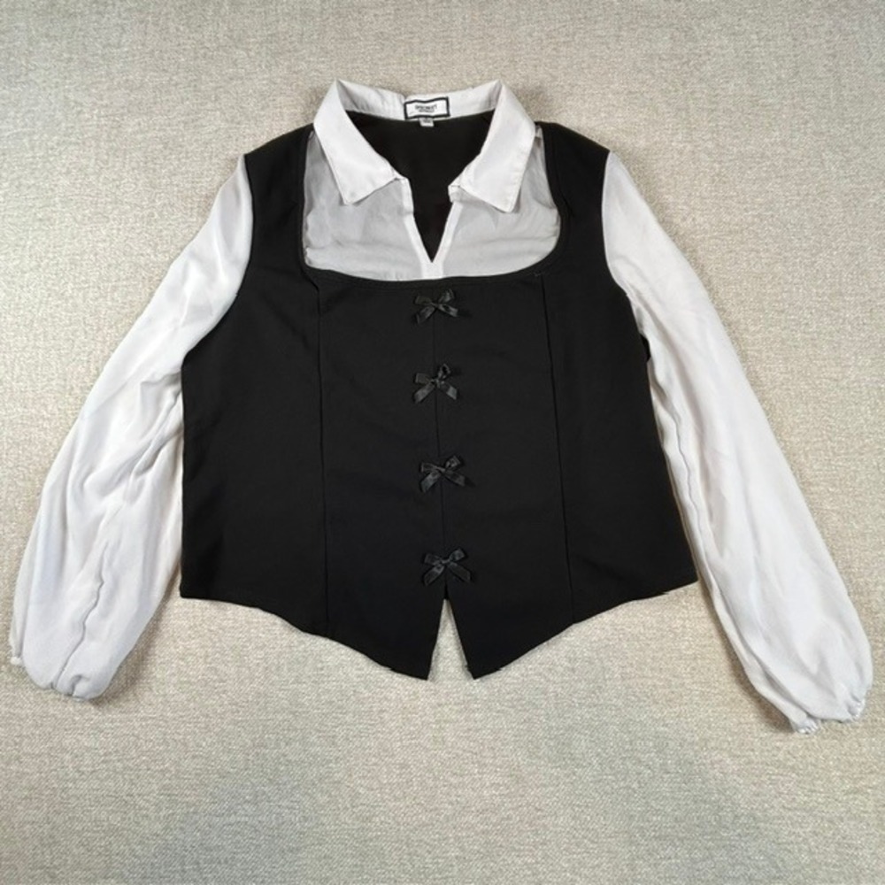 Discreet Women's Black White Long Sleeve Blouse Bow 1X 90s Retro Schoolgirl Crop - Picture 1 of 9